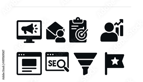 Solid style icons of venture marketing: digital ad, outreach email, campaign tracker, user acquisition, landing page, SEO tool, marketing funnel, brand awareness.