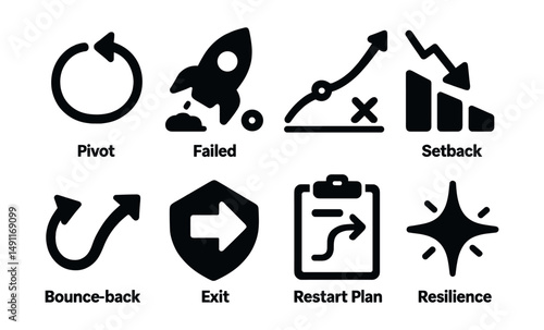 Solid style icons of entrepreneurial failure and resilience: pivot point, failed launch, learning curve, setback icon, bounce-back arrow, exit badge, restart plan, resilience spark.