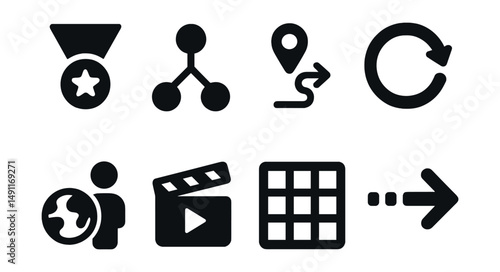 Solid style icons of reinforcement learning: reward icon, state-action node, policy map, training loop, environment agent, learning episode, Q-table, exploration arrow.