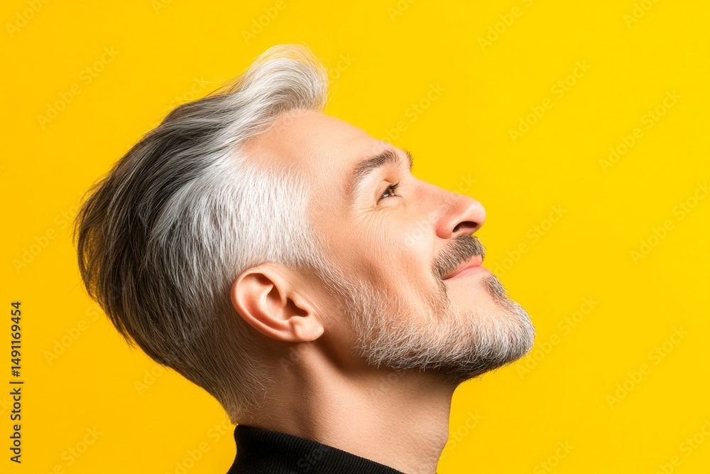 Obraz premium Yellow solid background. Concept of style for aging men. A glowing man radiating happiness and confidence. Chic men's textured crop haircut - midlife arabian man with middle hair.