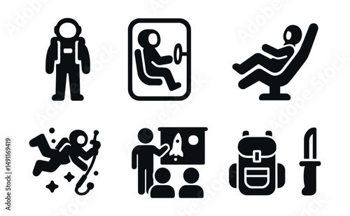 Solid style icons of training and preparation: astronaut training icon, simulation chamber, G-force chair, zero-G training, underwater EVA, mission briefing, test flight, survival gear.