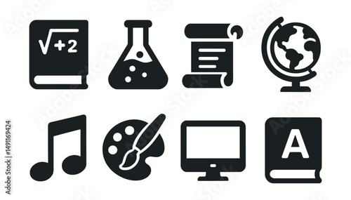 Solid style icons of school subjects: math book, science beaker, history scroll, geography globe, music note, paintbrush palette, computer icon, language textbook.