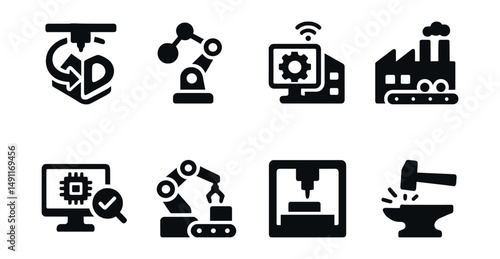 Solid style icons of advanced manufacturing: 4D printing icon, molecular assembler, smart fab icon, automated factory, AI quality check, robotic assembler, ultra-fast CNC, precision forge.