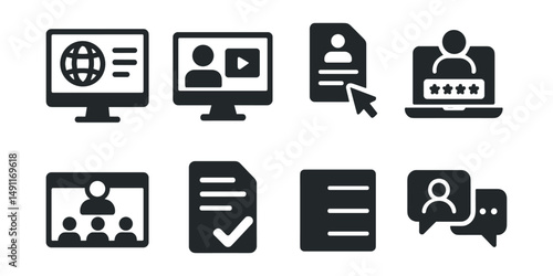 Solid style icons of digital learning: e-learning platform, video lesson, online assignment, class login, virtual classroom, test submission icon, grade tracker, chat with teacher.