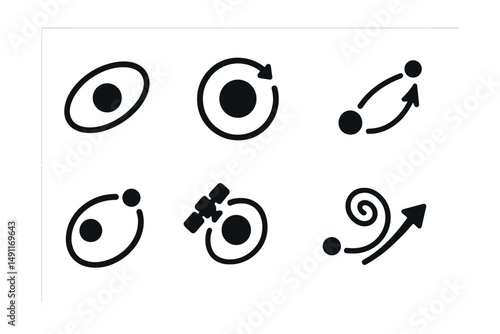 Solid style icons of orbits and trajectories: elliptical orbit, geostationary orbit, slingshot maneuver, orbit path, Lagrange point, satellite track, orbital decay, trajectory arrow.