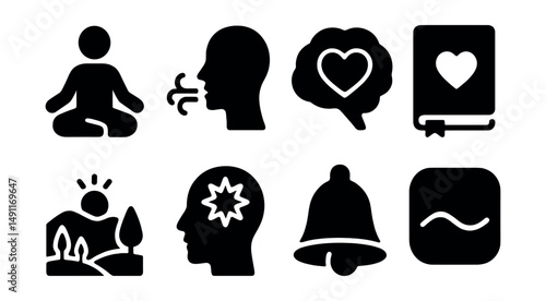 Solid style icons of mental wellness: meditation pose, breathing icon, brain with heart, gratitude journal, peaceful landscape, stress relief icon, mindfulness bell, calm app.