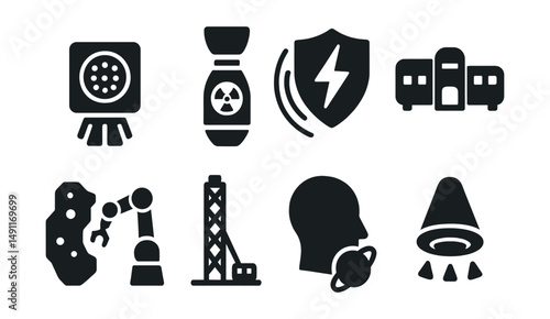 Solid style icons of future space technologies: ion thruster, nuclear propulsion, magnetic shield, modular habitat, asteroid mining arm, space elevator, AI pilot system, reusable heat shield.