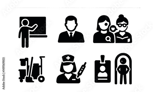 Solid style icons of teachers and staff: teacher at board, school principal, counselor icon, librarian, janitor cart, nurse with thermometer, staff ID badge, hallway duty icon.