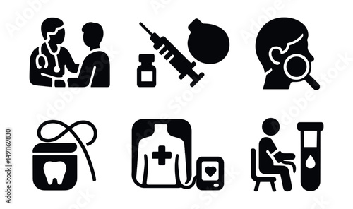 Solid style icons of preventive care habits: doctor checkup, vaccine icon, dental floss, eye test, skin check icon, health scan, blood pressure monitor, regular lab test.
