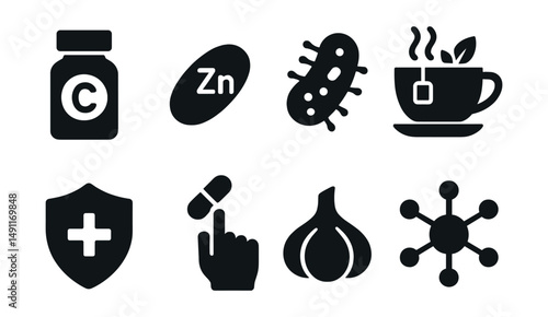 Solid style icons of immunity boosting: vitamin C bottle, zinc tablet, probiotic icon, herbal tea, immunity shield, daily supplement, garlic icon, immune system network.