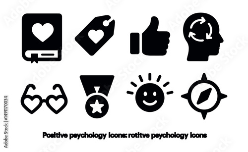 Solid style icons of positive psychology: gratitude journal, appreciation tag, positive habit icon, flow state, optimism lens, signature strengths, daily joy, meaning compass.
