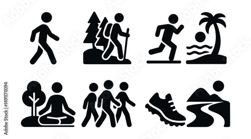 Solid style icons of outdoor activities: walking icon, forest hike, nature run, beach workout, park yoga, group walk, trail shoes, scenic path.