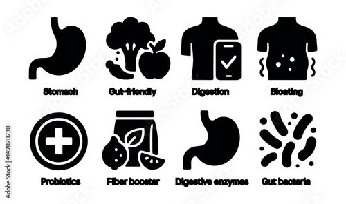 Solid style icons of digestion and nutrition: stomach icon, gut-friendly food, digestion tracker, bloating icon, probiotic label, fiber booster, digestive enzymes, gut bacteria symbol.