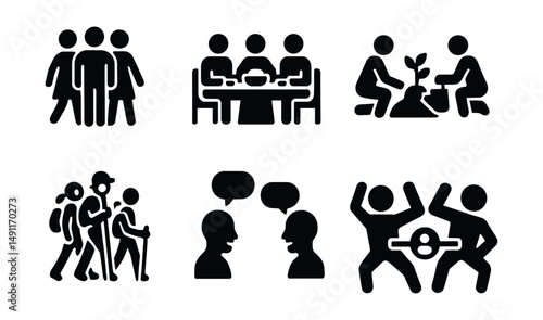 Solid style icons of social well-being: group walk, shared meal, community garden, support circle, family hike, friendly chat, connection icon, team workout.