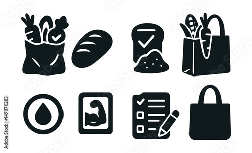 Solid style icons of healthy grocery choices: veggie bag, whole grain loaf, label check icon, farmers market bag, low sugar badge, protein label, grocery list, reusable bag.