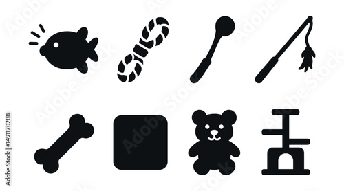 Solid style icons of pet playtime and toys: squeaky toy, tug rope, ball launcher, cat teaser wand, chew toy bone, treat puzzle, plush animal, climbing tree.