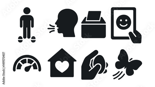 Solid style icons of anxiety relief: grounding exercise, breath icon, worry box, calm card, anxiety scale, safe image, focus stone, gentle motion.
