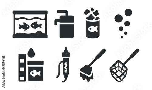 Solid style icons of fish and aquarium care: aquarium tank, water filter, fish flakes, air bubble icon, pH test strip, heater icon, algae scraper, fish net.