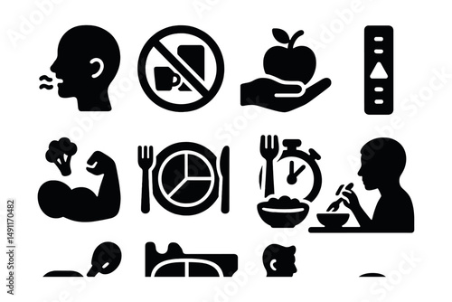 Solid style icons of mindful eating: chew slowly icon, no distractions badge, food gratitude card, hunger/fullness scale, portion mindful icon, mindful plate, eating timer, focus while eating.