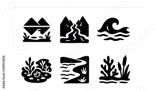 Solid style icons of water environments: lake reflection, mountain stream, coastal wave, tide pool, riverbank icon, underwater plant, coral reef, wetland icon.