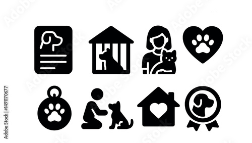 Solid style icons of pet adoption and shelter life: adoption form, kennel icon, shelter volunteer, heart paw, rescued pet tag, meet and greet, foster home, adoption day badge.