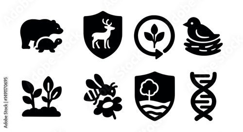 Solid style icons of biodiversity protection: endangered species icon, wildlife safe zone, bio circle icon, bird nest icon, plant diversity, bee on flower, protected habitat, genetic diversity.