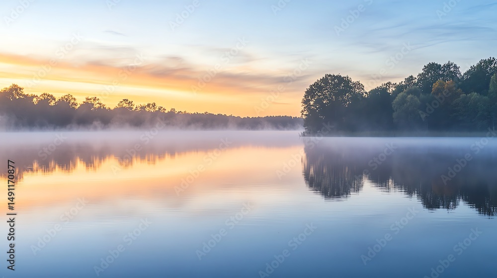 Fototapeta premium A serene lake is shrouded in morning fog as the sun rises, creating a tranquil and atmospheric scene.