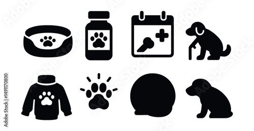 Solid style icons of senior pet care: soft bedding, joint supplement, vet checkup calendar, slower walk icon, comfy sweater, arthritis paw, rest time, senior pet icon.