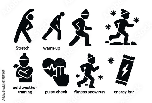 Solid style icons of training and warm-up: stretch icon, warm-up pose, snow jog, body prep, cold weather training, pulse check, fitness snow run, energy bar.