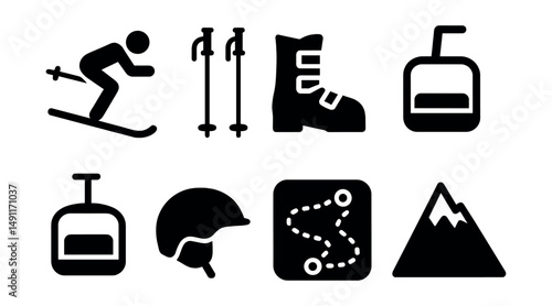 Solid style icons of alpine skiing: skier in motion, ski poles, ski boots, slope sign, ski lift chair, helmet icon, snow trail map, mountain peak.