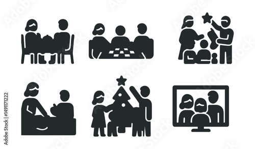 Solid style icons of family traditions: shared meal, game night, movie evening, holiday prep, baking together, decorating tree, family photo, gift exchange.