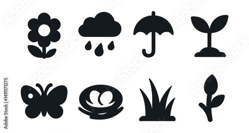 Solid style icons of spring symbols: blooming flower, rain cloud, umbrella icon, garden sprout, butterfly, bird nest, fresh grass, tree bud.