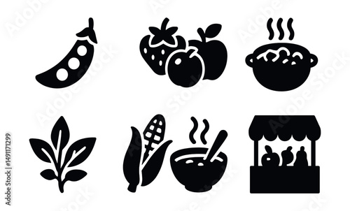 Solid style icons of seasonal foods: spring peas, summer berries, autumn apples, winter stew, fresh herbs, corn on cob, soup bowl, seasonal market.