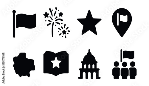 Solid style icons of national independence days: waving flag, fireworks icon, patriotic star, flag pin, national map, anthem book, landmark icon, people with flag.