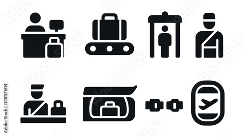 Solid style icons of airport and flight experience: check-in counter, baggage claim, flight screen, security gate, customs icon, overhead bin, seatbelt sign, window view.