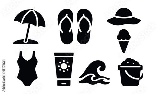 Solid style icons of summer holidays: beach umbrella, flip flops, sun hat, ice cream cone, swimsuit icon, sunblock tube, sea wave, sandcastle bucket.