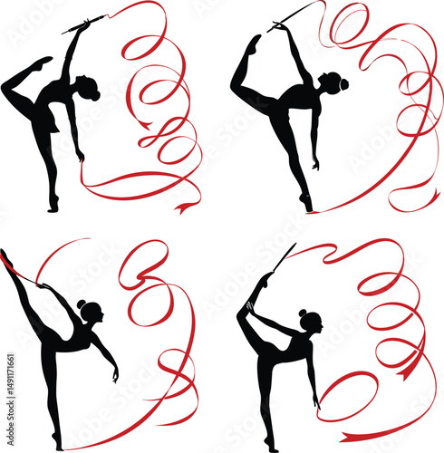 Four silhouettes of gymnasts performing with red ribbons on a white background in various poses