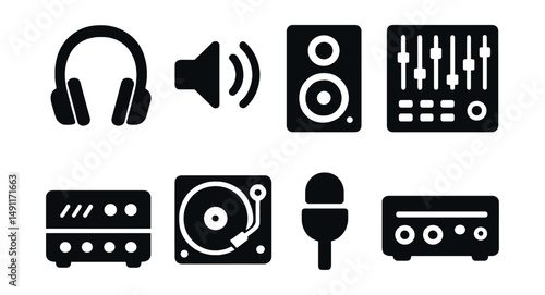 Solid style icons of audio equipment: headphones, speaker icon, studio monitor, audio mixer, amplifier, vinyl turntable, microphone icon, sound interface.