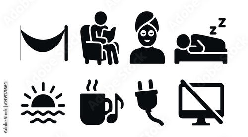 Solid style icons of holiday relaxation: hammock icon, reading in chair, spa day icon, nap time, quiet sunrise, music and tea, unplug icon, screen break.