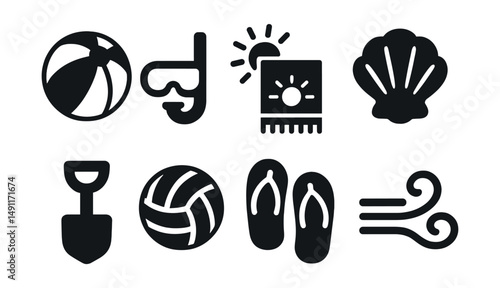 Solid style icons of beach holiday fun: beach ball, snorkeling mask, towel and sun, shell icon, sand shovel, beach volleyball, flip flop tracks, seaside breeze.