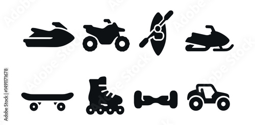 Solid style icons of recreational transport: jet ski, ATV icon, kayak, snowmobile, skateboard, rollerblades, hoverboard, dune buggy.