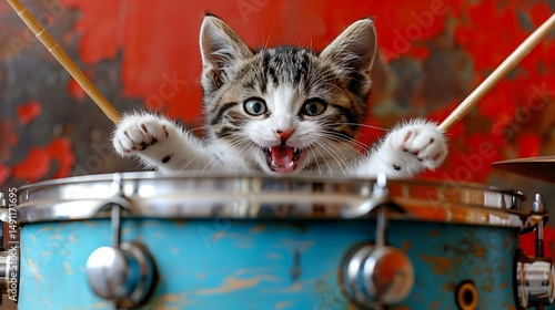 Kitten playing drums