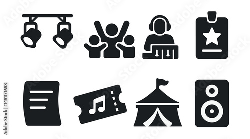 Solid style icons of stage and concert elements: stage lights, crowd cheering, sound technician, event pass, setlist paper, concert ticket, music festival tent, stage speaker.