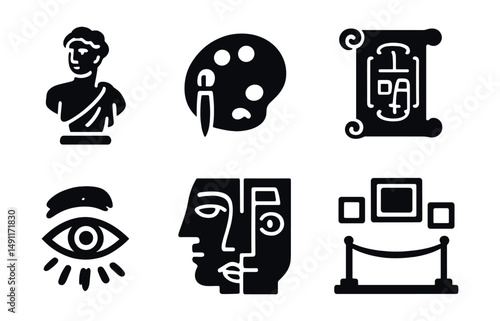 Solid style icons of art history themes: classical statue, renaissance palette, baroque scroll, cubist face, surreal eye, impressionist stroke, abstract block, gallery wall.