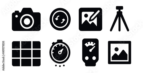 Solid style icons of photography as art: DSLR camera, lens focus, photo editing app, tripod icon, rule of thirds grid, shutter speed dial, light meter, photo frame.