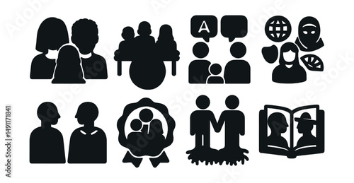 Solid style icons of multicultural families: diverse faces icon, family meal around globe, language bubbles, cultural symbols mix, traditions blend, global family badge, shared roots icon, bilingual