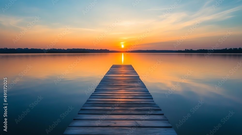 Naklejka premium A serene lake with a wooden dock extends into the water, creating a peaceful and inviting scene.