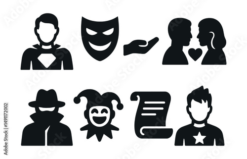 Solid style icons of literary characters and tropes: hero icon, villain mask, mentor hand, love interest, mysterious figure, comic relief icon, narrator scroll, antihero symbol.