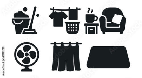 Solid style icons of seasonal home routines: spring cleaning, summer laundry, fall organizing, winter coziness, firewood stack, fan icon, heavy curtain, welcome mat.