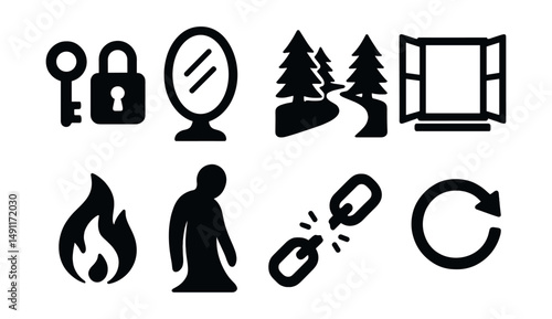 Solid style icons of literary symbolism: key and lock icon, mirror symbol, path through forest, open window, flame icon, shadow figure, broken chain, recurring object.
